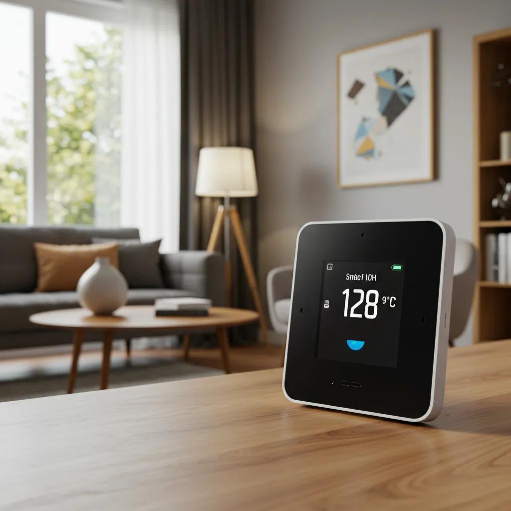 Modern smart thermostat in a cozy living room, highlighting comfort and energy efficiency