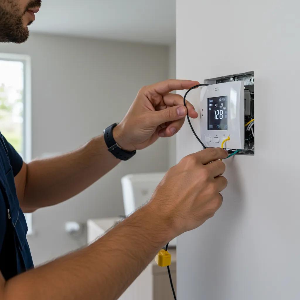 Technician installing a smart thermostat, highlighting professional installation and expertise