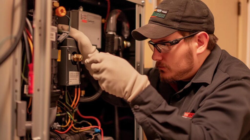 Efficient Winter Energy Saving Tips for Homeowners 1 HVAC technician in gloves servicing a furnace, focusing on maintenance and energy efficiency for winter heating solutions.