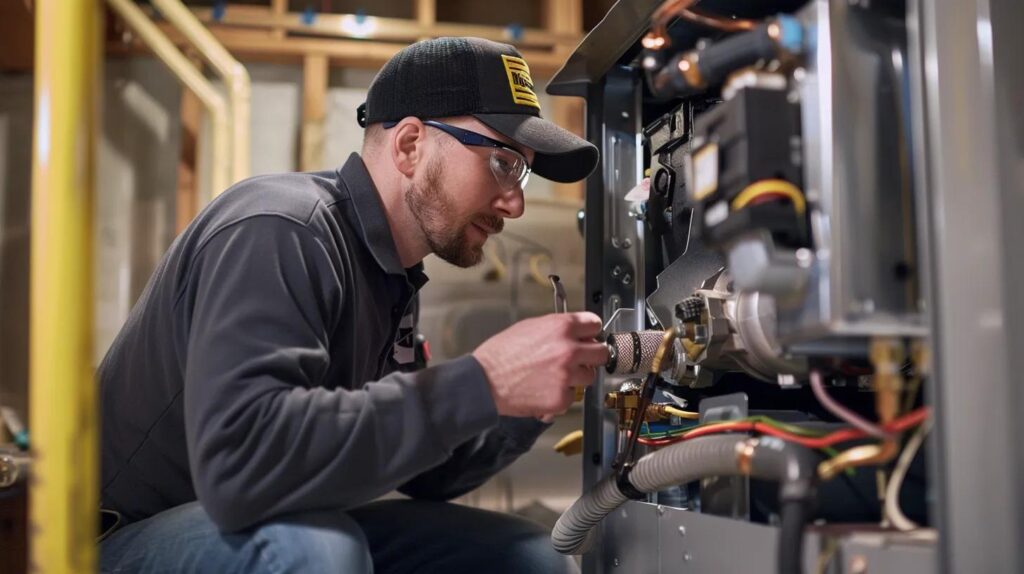 Reliable Furnace Repair Services to Keep You Warm 1 Technician inspecting and repairing a furnace, focusing on internal components and connections, emphasizing reliable furnace repair services in Pasadena, MD.
