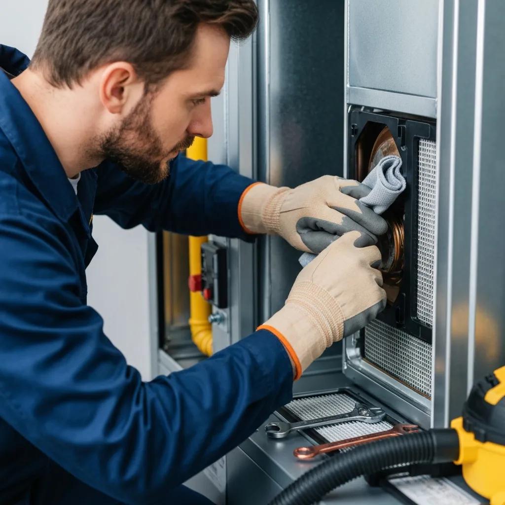Reliable Furnace Repair Services to Keep You Warm 2 Technician performing preventative maintenance on a furnace, emphasizing the importance of regular service for efficiency and reliability.