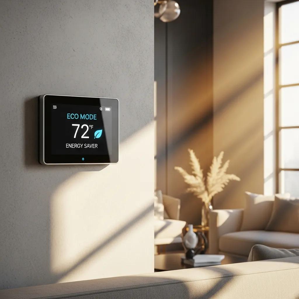 Spring AC Check-Up: Prepare Your Air Conditioner for Summer 3 Modern thermostat displaying energy-efficient settings in a bright living room