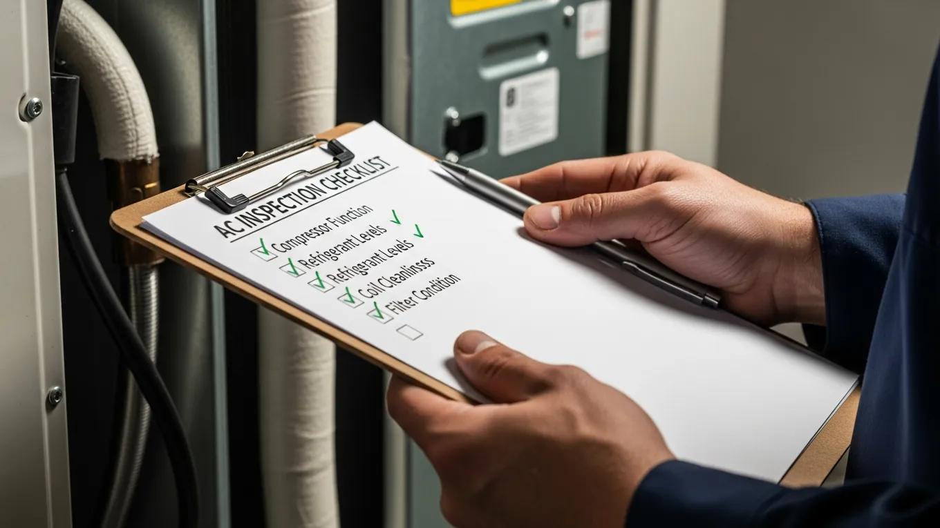 Keep Cool: Essential Annual AC Tune-Up & Maintenance Tips 3 Technician checking an AC unit with a checklist, highlighting the inspection process for HVAC maintenance