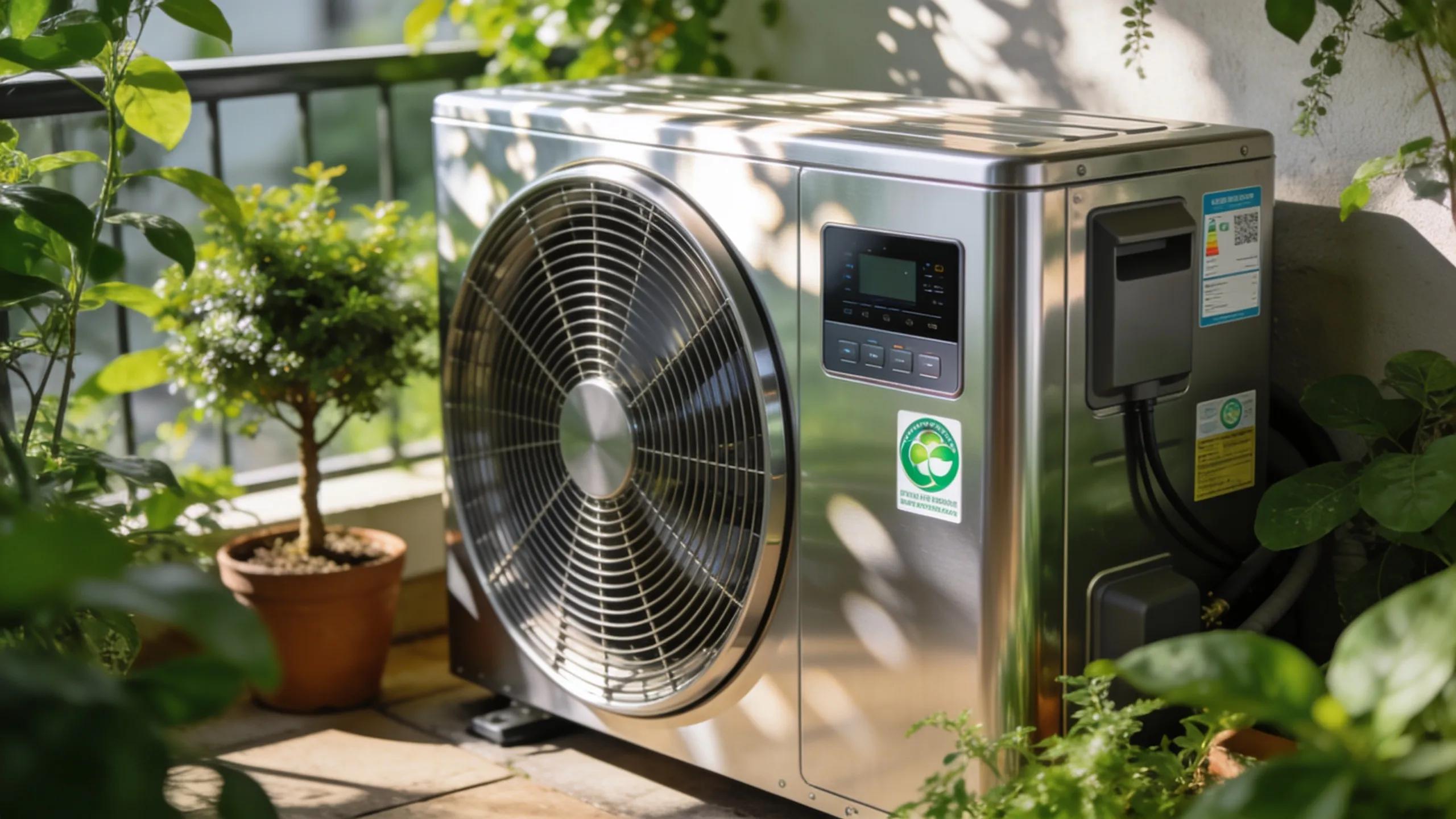 Understand Your AC System: Cooling System Basics Explained 3 Energy-efficient air conditioning unit on an outdoor patio surrounded by greenery emphasizing eco-friendliness